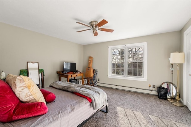 bedroom with carpet floors, baseboard heating, and ceiling fan