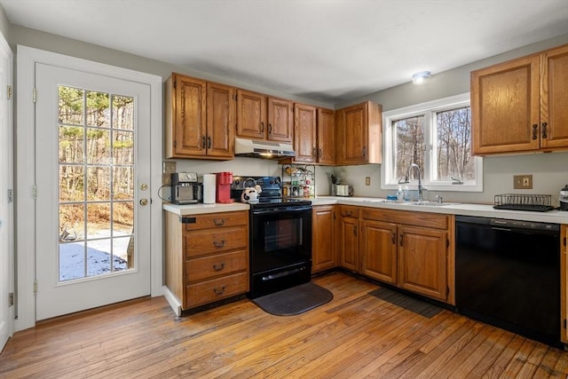 kitchen with light hardwood / wood-style floors, black appliances, and sink