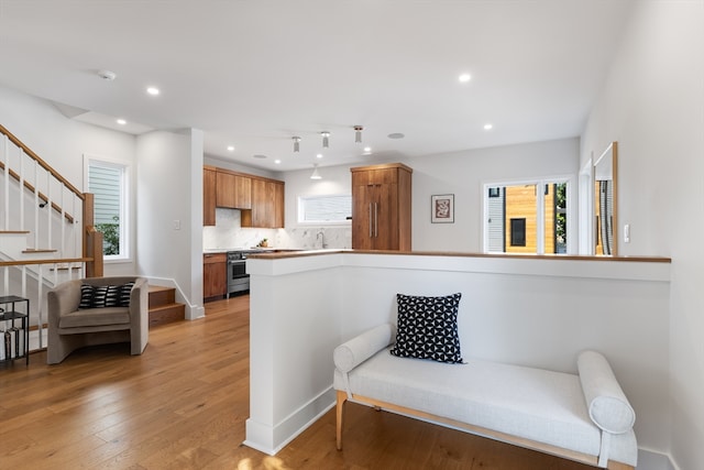 living area with sink and light hardwood / wood-style flooring