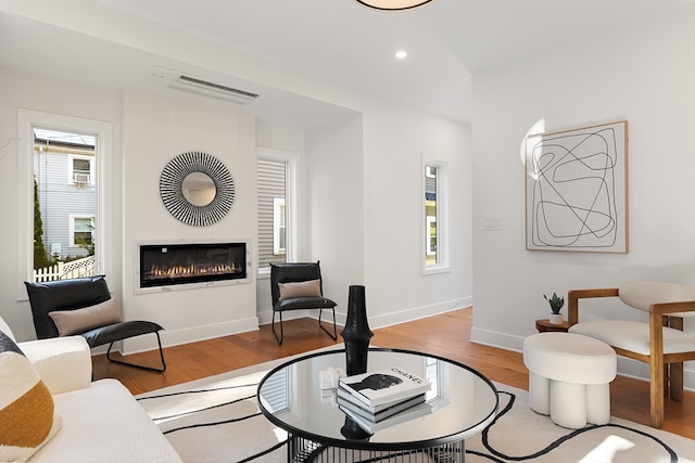 living room featuring light wood-type flooring and a healthy amount of sunlight