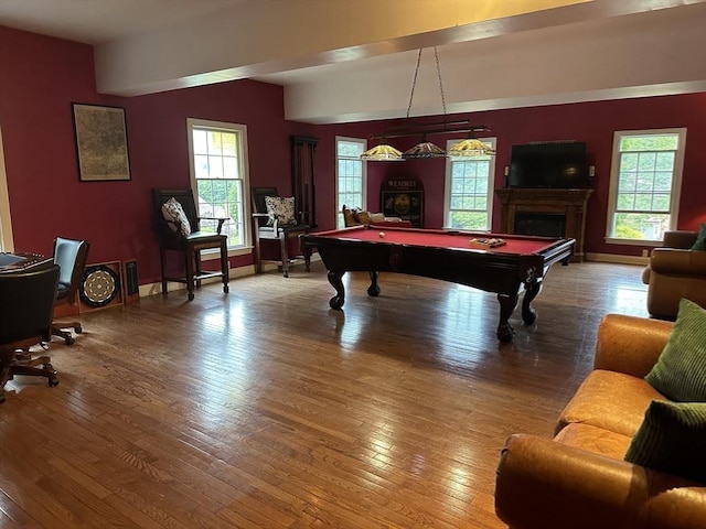6 Everett Cir, Hopkinton, MA 01748 - rec room with billiards, hardwood / wood-style floors, a wealth of natural light, and a fireplace