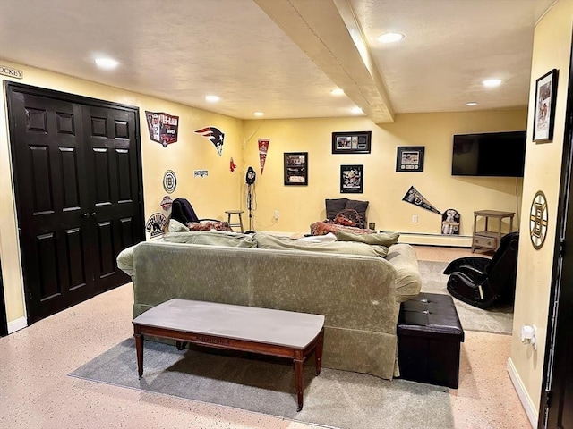 6 Everett Cir, Hopkinton, MA 01748 - living area with baseboards, recessed lighting, beamed ceiling, and speckled floor
