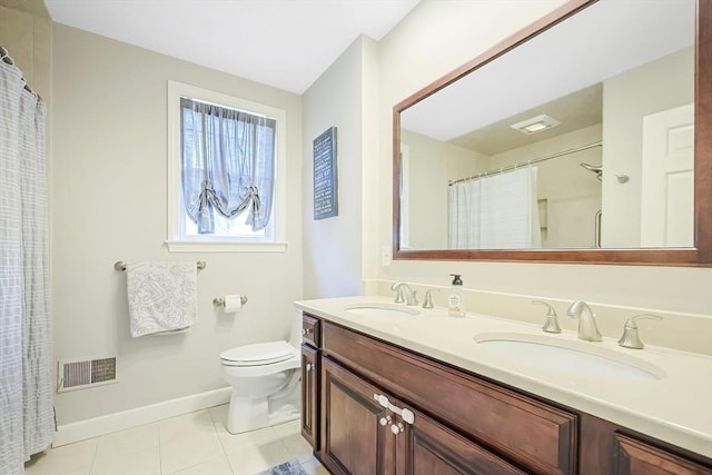 bathroom with tile patterned flooring, double vanity, visible vents, and a sink