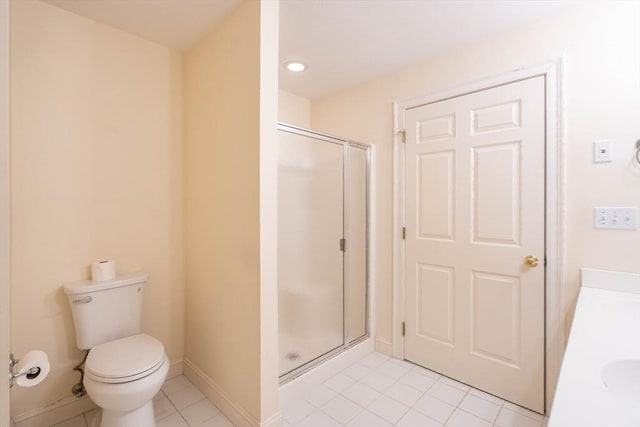 43 Blossom Sq Unit 43, Holden, MA 01520 - bathroom featuring tile patterned flooring, a stall shower, double vanity, and recessed lighting