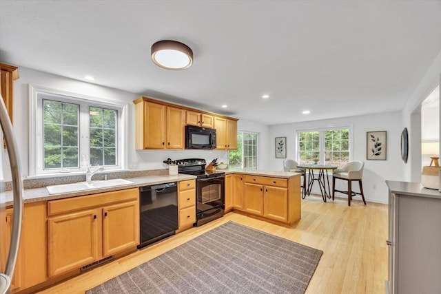 13 Pickerel Way, Sandwich, MA 02644 - kitchen with black appliances, a sink, a peninsula, light countertops, and light wood-style flooring