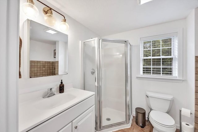 13 Pickerel Way, Sandwich, MA 02644 - bathroom with vanity, a shower stall, toilet, and tile patterned floors