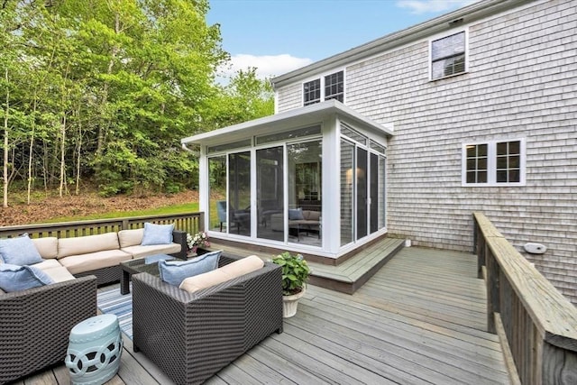 13 Pickerel Way, Sandwich, MA 02644 - wooden deck featuring an outdoor living space and a sunroom
