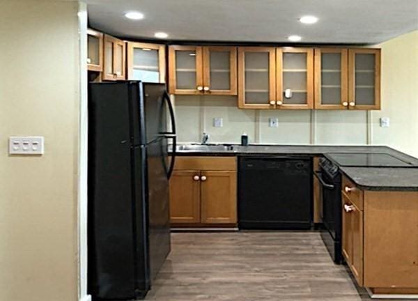 kitchen featuring sink, wood-type flooring, and black appliances