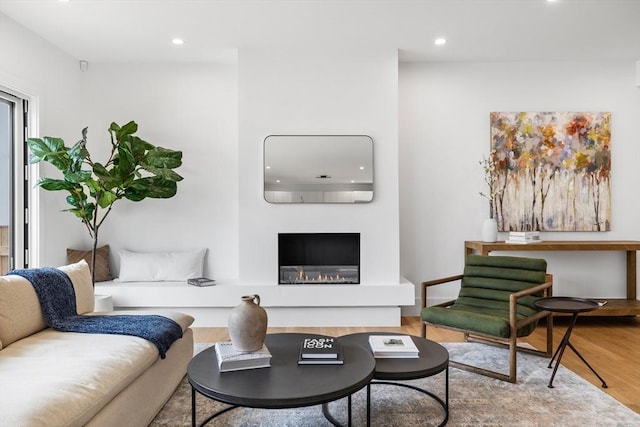 living room with a wall mounted air conditioner and wood-type flooring