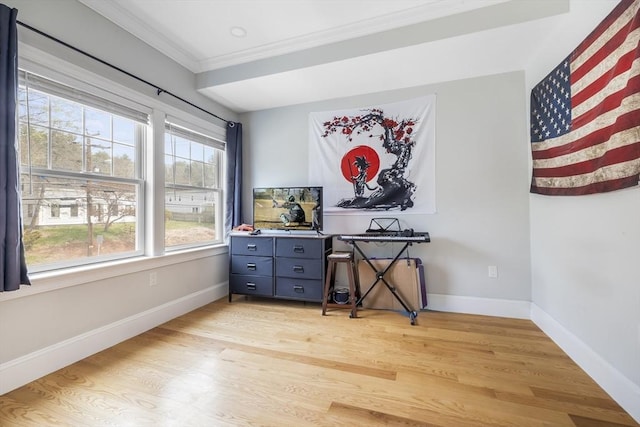 interior space with baseboards, ornamental molding, and light wood-type flooring