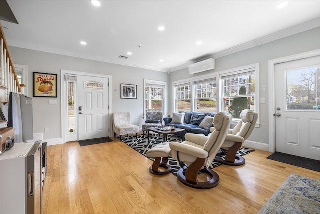 living room with crown molding, light wood-style floors, stairs, recessed lighting, and baseboards