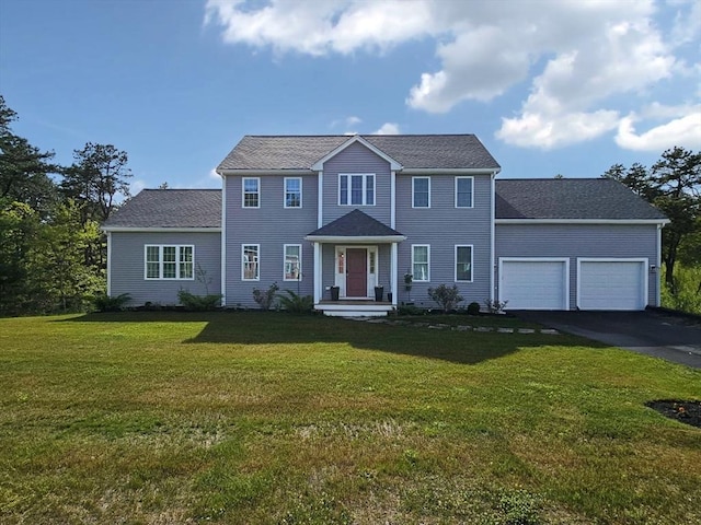 colonial-style house with driveway, a front lawn, and a garage