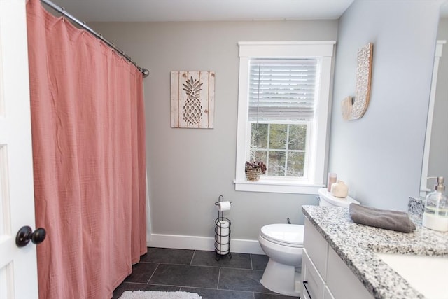 full bathroom with curtained shower, baseboards, toilet, tile patterned floors, and vanity