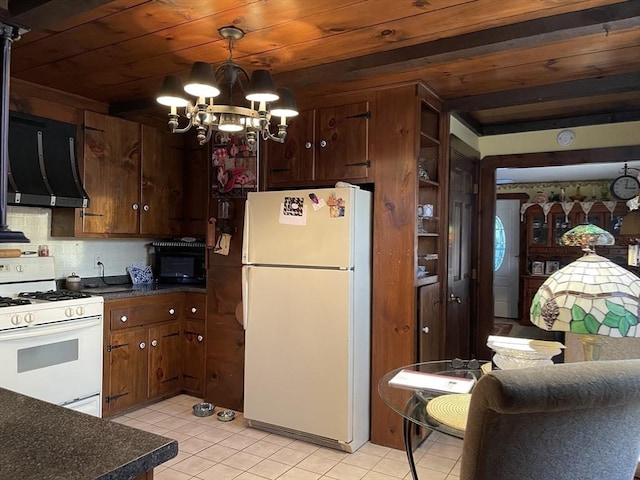 kitchen with white appliances, dark countertops, wooden ceiling, range hood, and backsplash