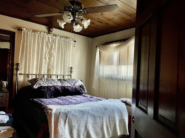 bedroom featuring a ceiling fan and wood ceiling