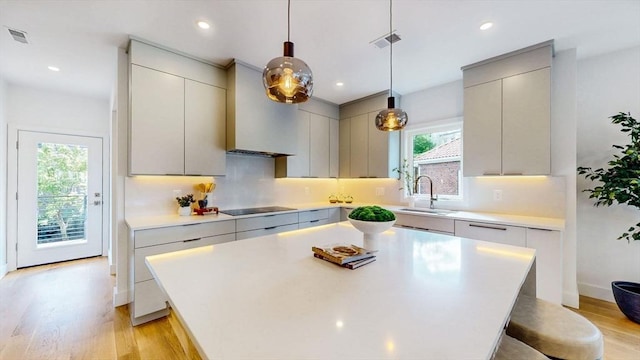 140 Columbia St Unit 2, Brookline, MA 02446 - kitchen featuring a sink, premium range hood, light countertops, modern cabinets, and light wood-style flooring