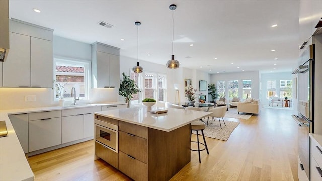 140 Columbia St Unit 2, Brookline, MA 02446 - kitchen featuring modern cabinets, a sink, light wood-style flooring, a center island, and light countertops