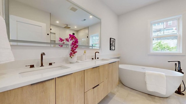 140 Columbia St Unit 2, Brookline, MA 02446 - bathroom with plenty of natural light, double vanity, a freestanding bath, and tile patterned floors