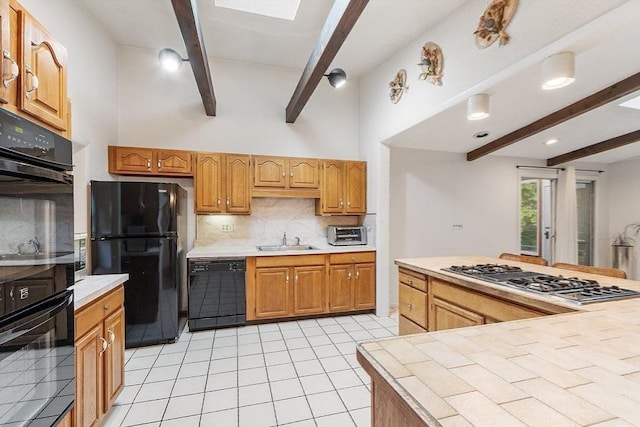 12 Debra Ln, Framingham, MA 01701 - kitchen featuring black appliances, beamed ceiling, backsplash, a sink, and light tile patterned floors
