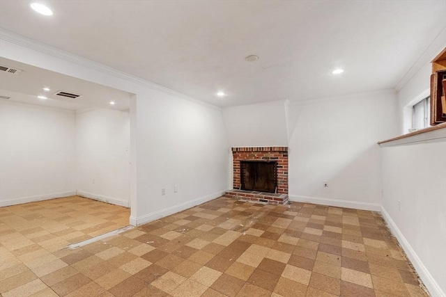 12 Debra Ln, Framingham, MA 01701 - basement with recessed lighting, baseboards, a brick fireplace, ornamental molding, and light floors