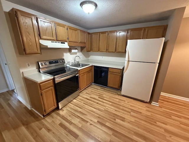 58 Randolph Dr Unit 58, Tewksbury, MA 01876 - kitchen featuring electric stove, freestanding refrigerator, black dishwasher, under cabinet range hood, and light wood-type flooring