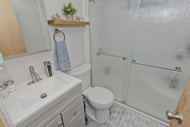 full bath featuring vanity, a shower stall, and toilet