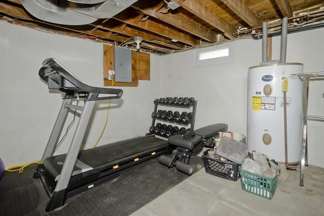 exercise room with water heater and electric panel