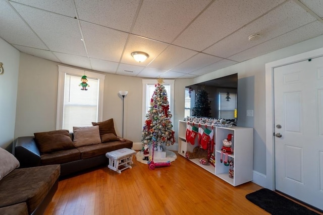 living room with a paneled ceiling and hardwood / wood-style flooring