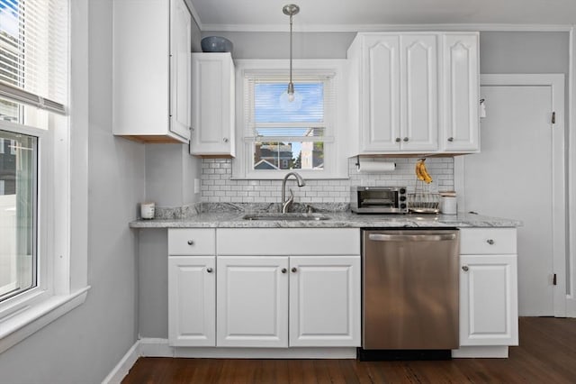 20-A Franklin St, Peabody, MA 01960 - kitchen featuring stainless steel dishwasher, decorative backsplash, white cabinets, dark wood-style floors, and crown molding