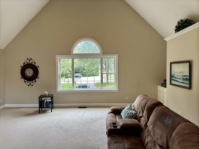 6 Cedar Creek Dr, Attleboro, MA 02703 - carpeted living area with high vaulted ceiling, plenty of natural light, baseboards, and visible vents