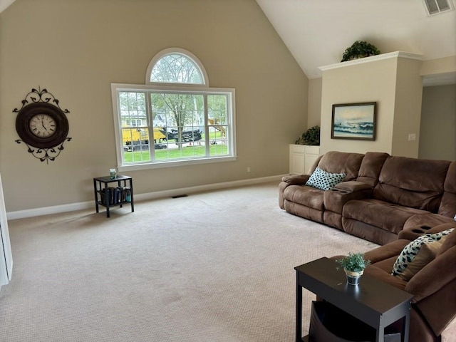 6 Cedar Creek Dr, Attleboro, MA 02703 - carpeted living room featuring visible vents, baseboards, and high vaulted ceiling