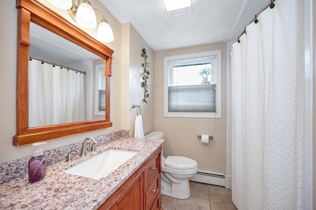 full bathroom featuring a baseboard heating unit, toilet, tile patterned floors, and vanity