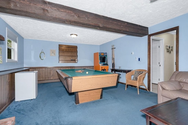 recreation room with a textured ceiling, carpet flooring, billiards, and beamed ceiling