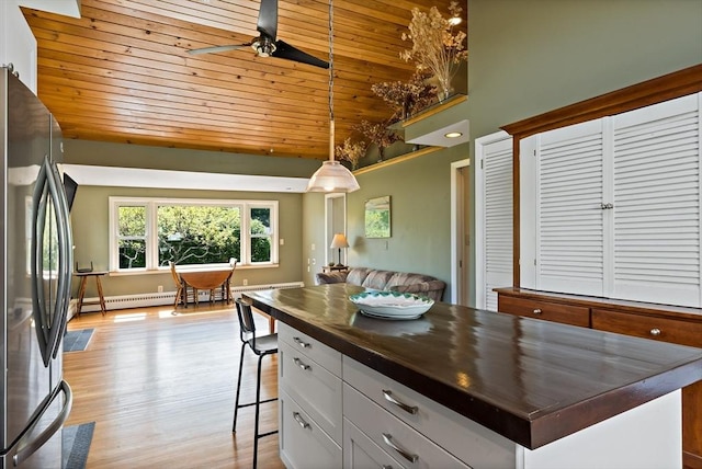 kitchen with freestanding refrigerator, wooden ceiling, a ceiling fan, light wood finished floors, and white cabinets