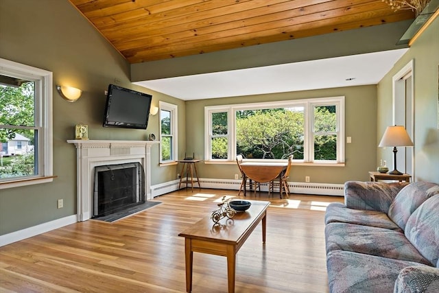 living room with wood finished floors, a fireplace with flush hearth, baseboards, wooden ceiling, and lofted ceiling
