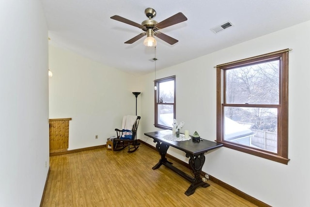 office area featuring a wealth of natural light, visible vents, light wood-style flooring, and baseboards