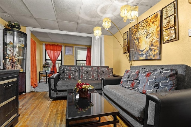 living room featuring hardwood / wood-style floors and a drop ceiling