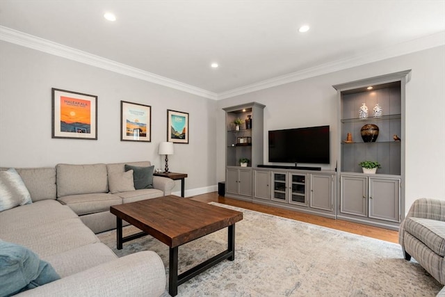 16 Winfield St, Needham, MA 02492 - living room with ornamental molding, wood finished floors, and recessed lighting