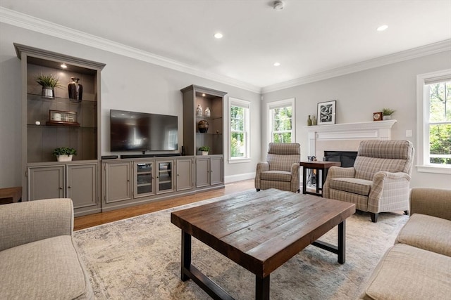 16 Winfield St, Needham, MA 02492 - living area with a fireplace, ornamental molding, recessed lighting, and light wood-type flooring