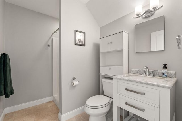 16 Winfield St, Needham, MA 02492 - bathroom with vanity, a shower with curtain, and vaulted ceiling