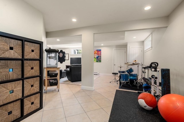 16 Winfield St, Needham, MA 02492 - exercise area featuring light tile patterned floors and recessed lighting