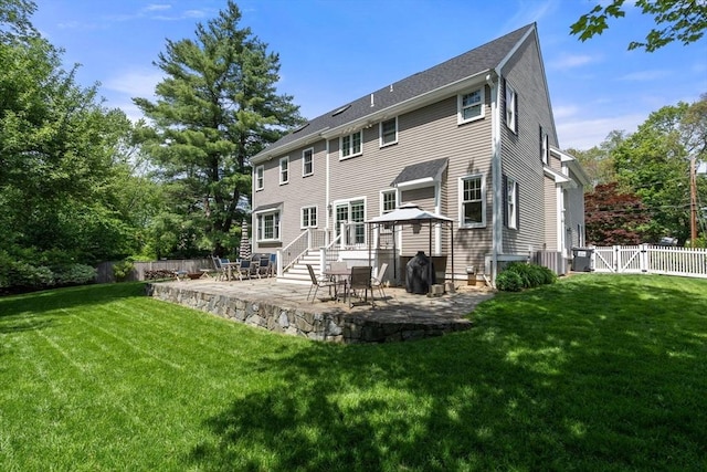 16 Winfield St, Needham, MA 02492 - rear view of property with a patio, a gazebo, a fenced backyard, and a gate