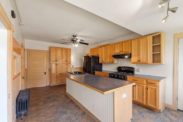 128 7th St, Montague, MA 01376 - kitchen featuring black appliances, under cabinet range hood, a sink, dark countertops, and a ceiling fan