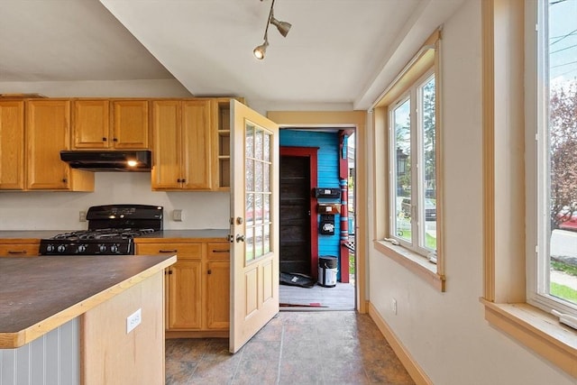 128 7th St, Montague, MA 01376 - kitchen featuring black gas range, under cabinet range hood, plenty of natural light, and baseboards