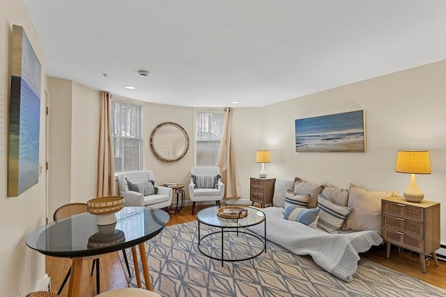 living area featuring wood finished floors and recessed lighting