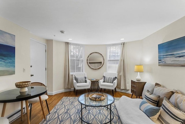 living area featuring a baseboard radiator, baseboards, and wood finished floors