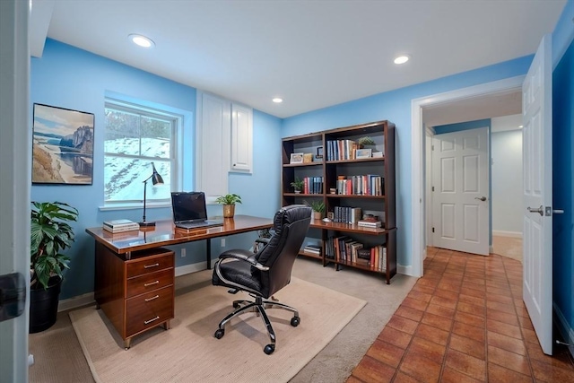 office space featuring baseboards, light colored carpet, and recessed lighting