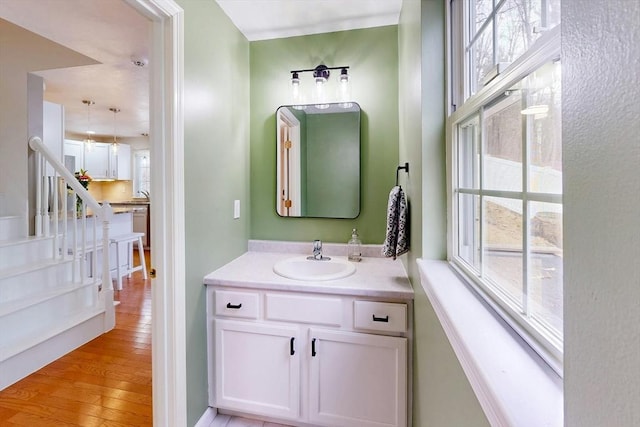 bathroom with wood finished floors and vanity