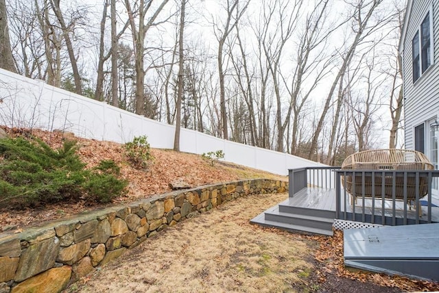 view of yard featuring a fenced backyard and a wooden deck