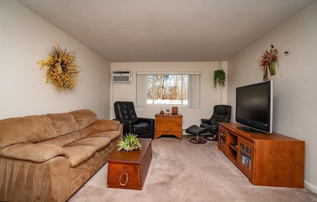 living room featuring an AC wall unit, a baseboard radiator, and light carpet